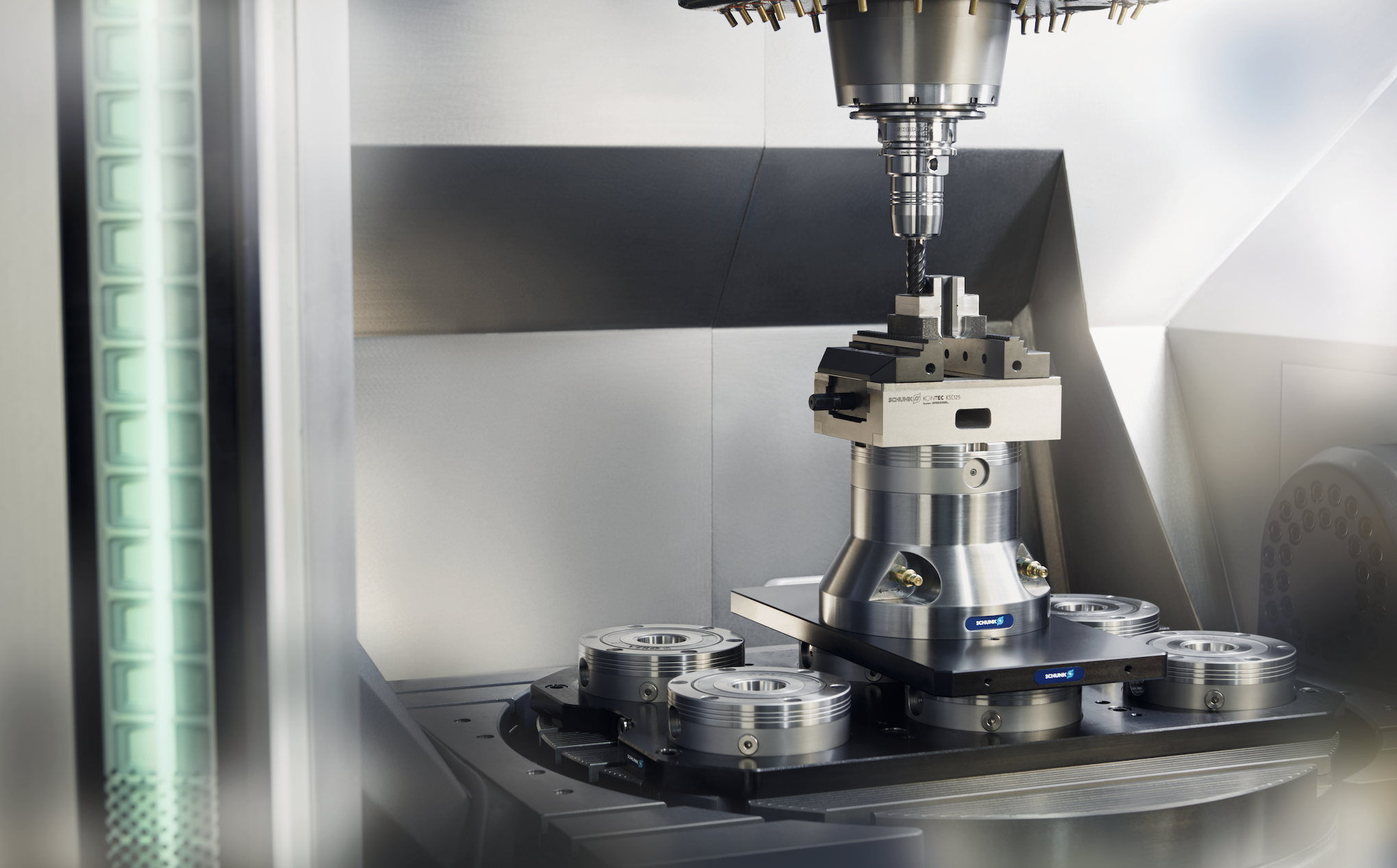 Schunk’s VERO-S zero-point system offers locational repeatability of &lt; 5 μm (0.0002&quot;) or better and can be used with vises, fixtures, pallets and individual workpieces (image courtesy of Schunk).